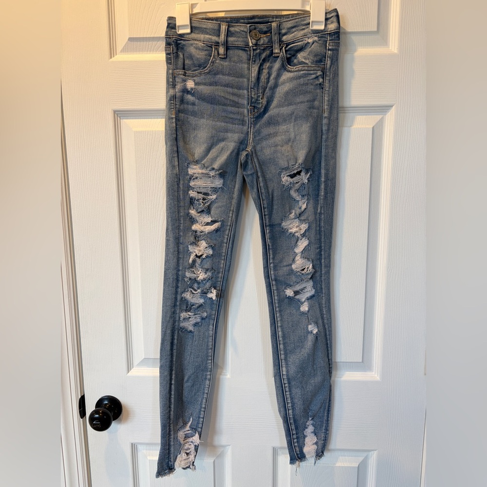 AE Medium-Wash Next Level Stretch High Rise Distressed Skinny Jeans (Size 4 Reg)